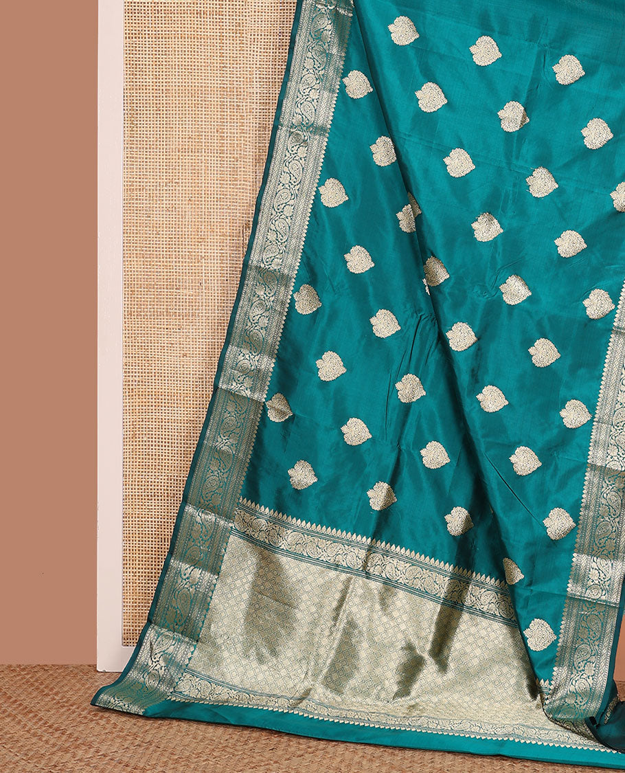 Peacock blue buttas kathan silk saree, traditional border of paisley creeper design, and jaal pallu