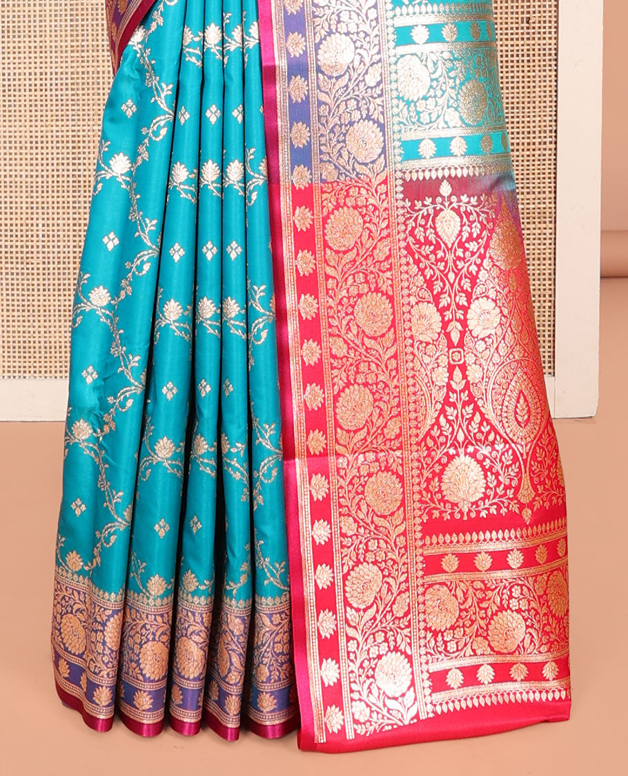 Blue Banarasi Nylon Saree, Adorned with Jaal Jacquard, Contrast Floral Creeper Zari Border, Intricate Pallu, and a Contrast Blouse