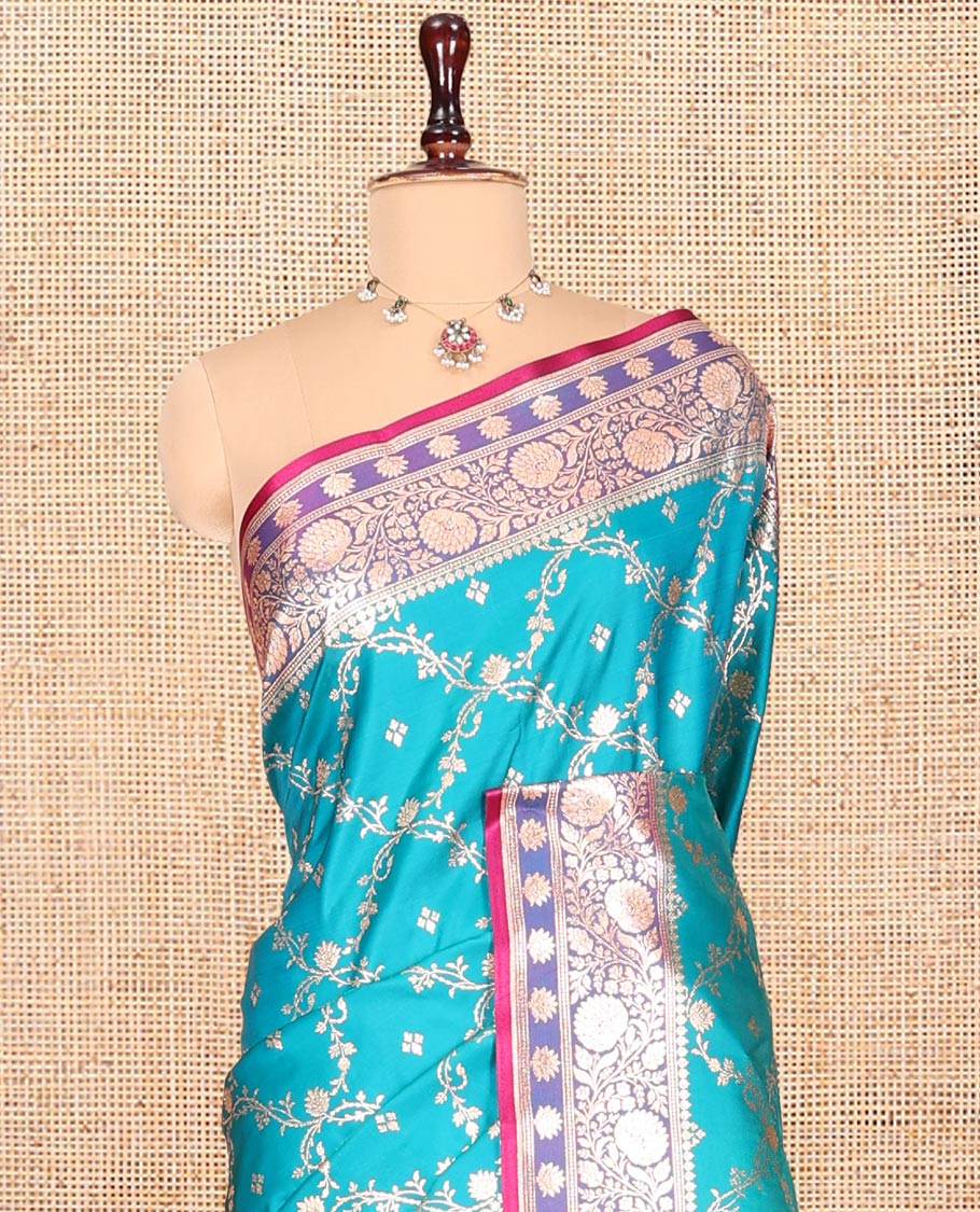 Blue Banarasi Nylon Saree, Adorned with Jaal Jacquard, Contrast Floral Creeper Zari Border, Intricate Pallu, and a Contrast Blouse