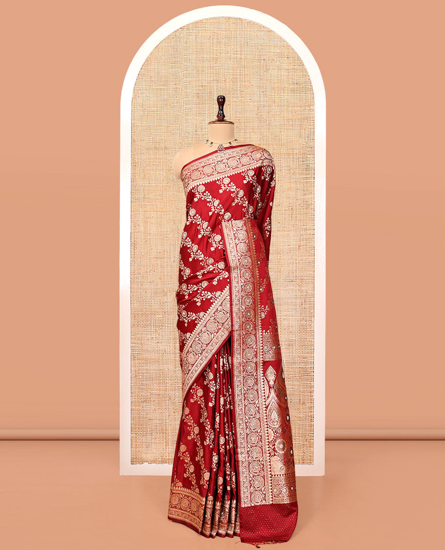 Red Banarasi Satin Saree, Finely Crafted with Floral Jaal Jacquard, a Floral Creeper Border, Intricate Stonework Pallu, and a Matching Blouse