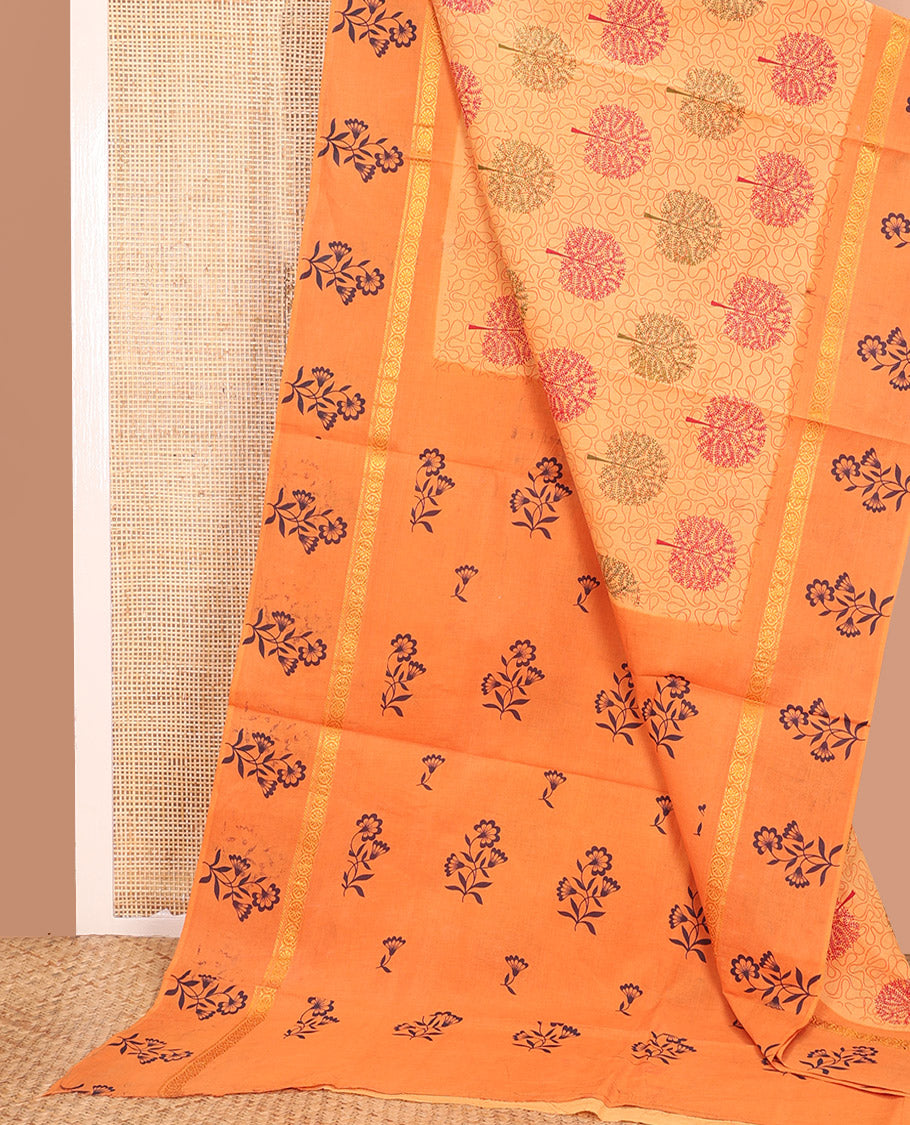 Orange Sungudi Cotton Saree Elevated with Tree Motifs and Vine Print, Highlighted by Contrast Zari and Print Work Border of Floral Print, and Pallu with Floral Print