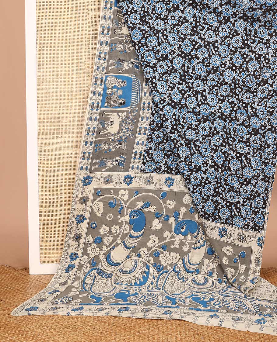 Black floral machine-printed Kalamkari cotton saree, contrast village printed border, and pallu of peacock print