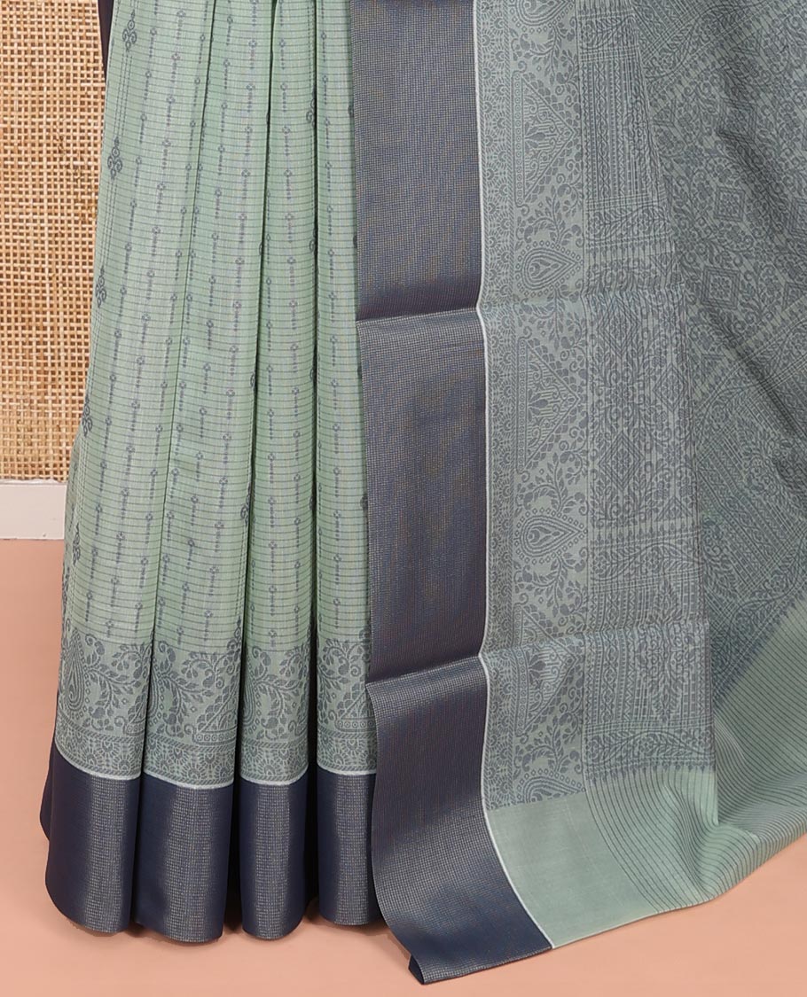 Pastel Blue Semi-Silk Cotton Saree, Sparsely Woven with Buttas and Geometric Designs All Over Its Body, Complemented by Contrast Border, Sparsely Woven Pallu of Geometric Designs, and Paired with a Matching Blouse
