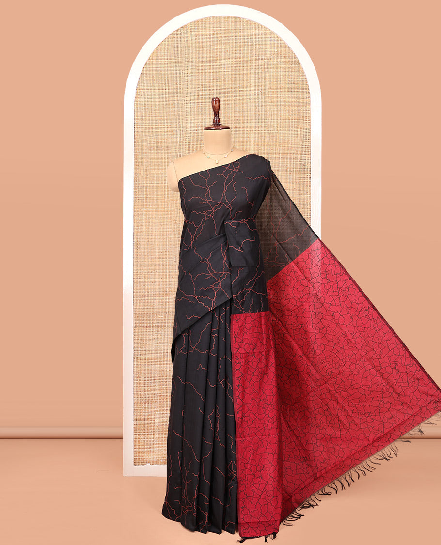 Borderless Black-Red Poly Cotton Saree, Creatively Printed Like Lightning Strikes, a Contrasting Lightning-Strike-Printed Pallu, and a Contrast Blouse