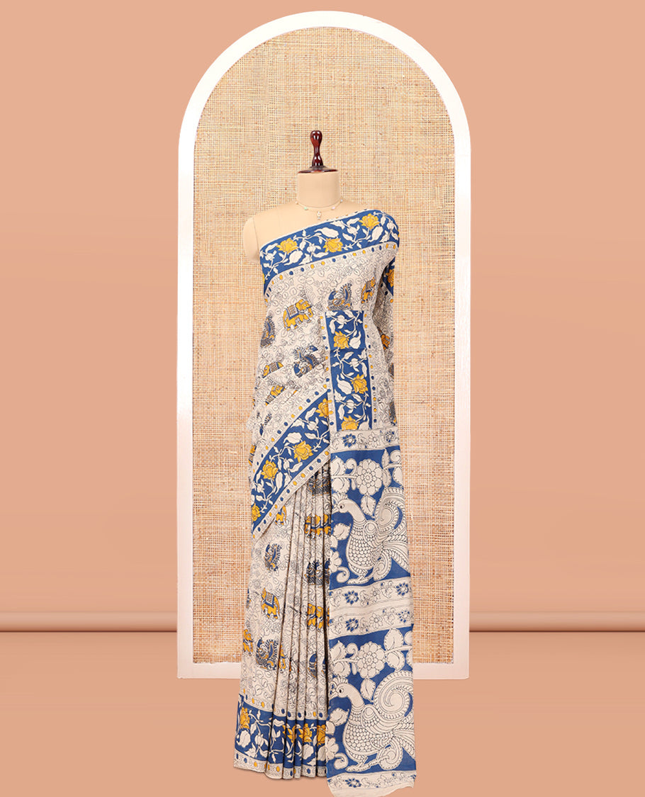 Blue-Grey Kalamkari Cotton Saree, Embellished with Intricate Print, Complemented By Printed Border, Kalamkari Peacock Pallu, and a Matching Blouse