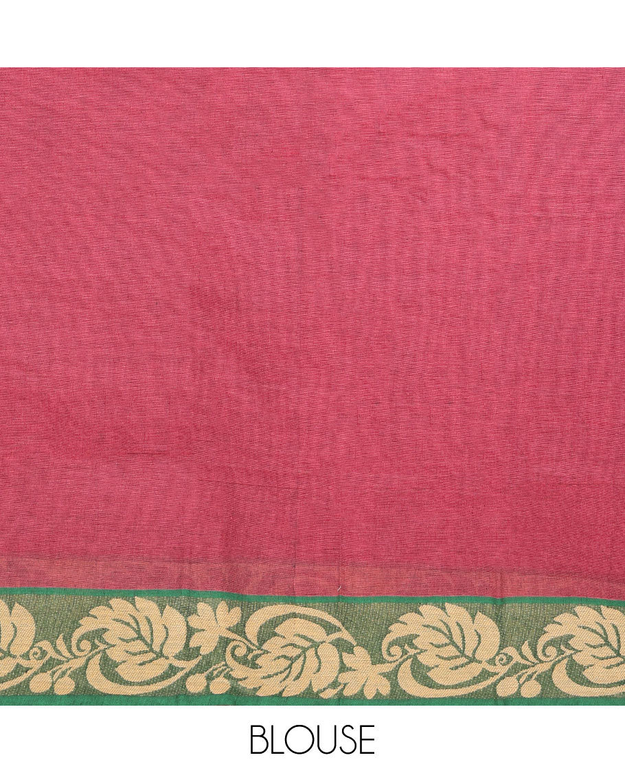 Pink Coimbatore cotton saree, contrast leaf design border & pallu of floral designs