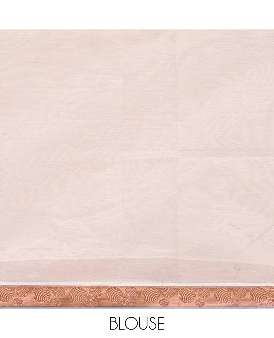 Half-white geometric motifs printed Coimbatore cotton saree, contrast geometric border, and leaf motif pallu