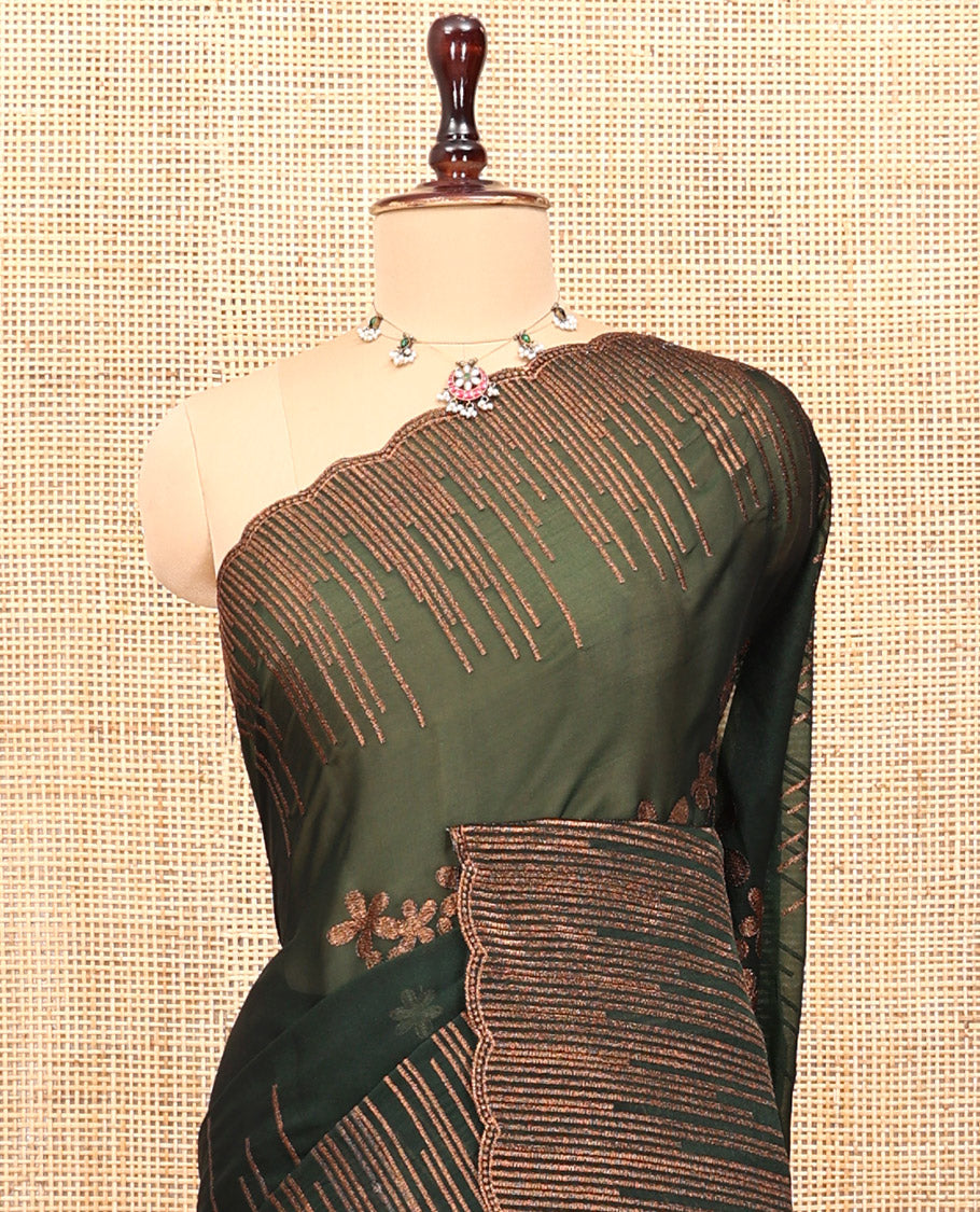 Bottle Green Iconic Blooming Saree Depicts Floral Copper-Thread Embroidery Border, and Matching Blouse
