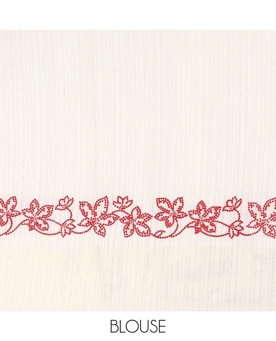 Borderless white dotted floral motifs embroidered matka silk saree, dotted embroidered striped pallu