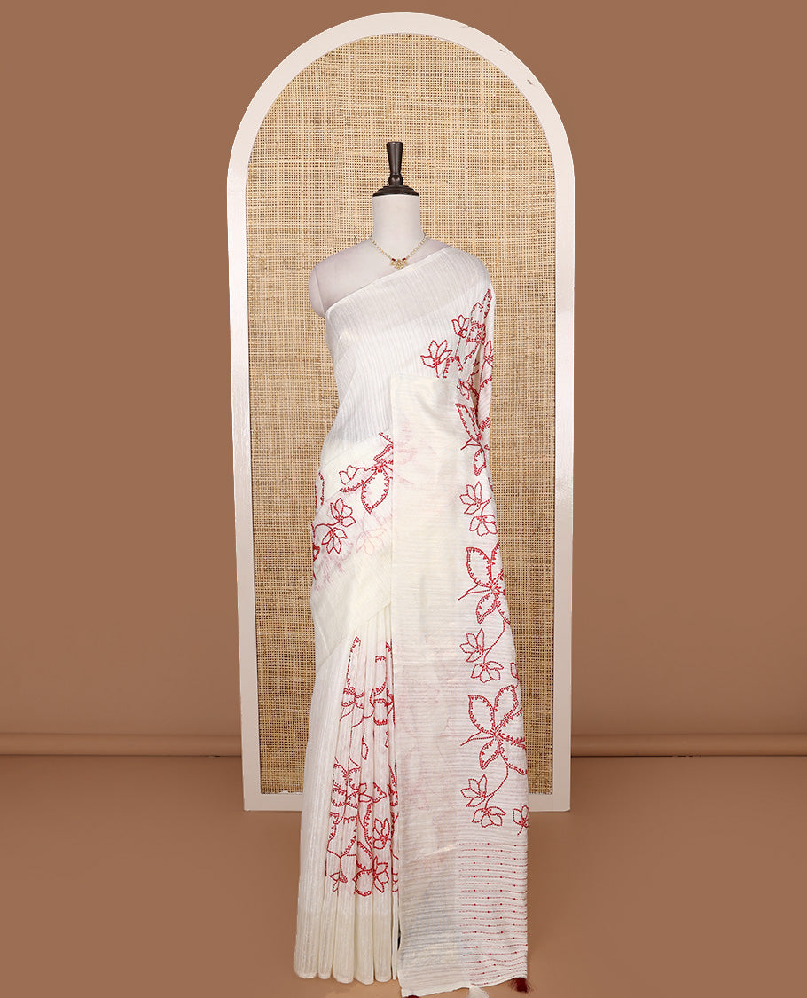 Borderless white dotted floral motifs embroidered matka silk saree, dotted embroidered striped pallu
