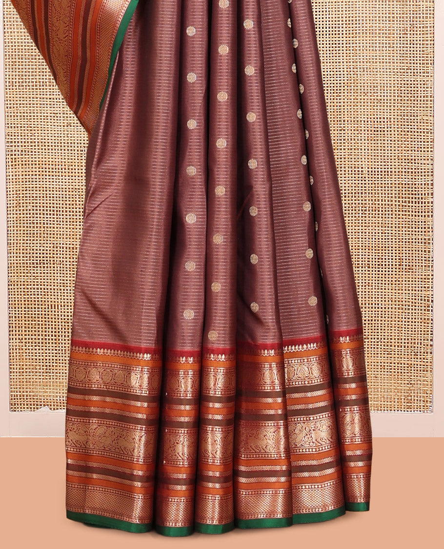 Brown-Maroon Stripes-Buttas Vasundhara Silk Saree, Contrast Traditional Border, and Contrast Blouse