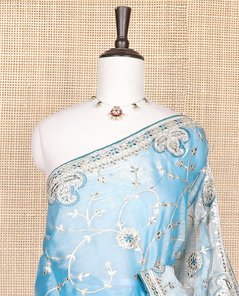 Powder blue floral vine gota patti embroidered designer saree, self-border of floral & paisley motifs in gota patti embroidery