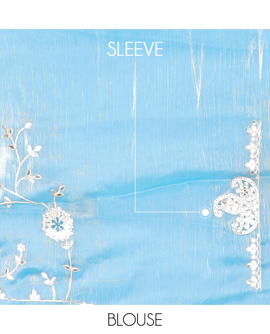 Powder blue floral vine gota patti embroidered designer saree, self-border of floral & paisley motifs in gota patti embroidery