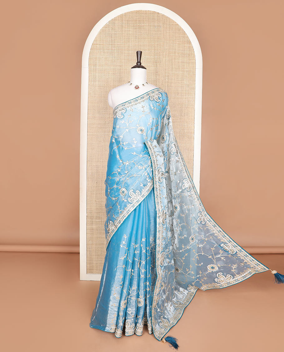 Powder blue floral vine gota patti embroidered designer saree, self-border of floral & paisley motifs in gota patti embroidery