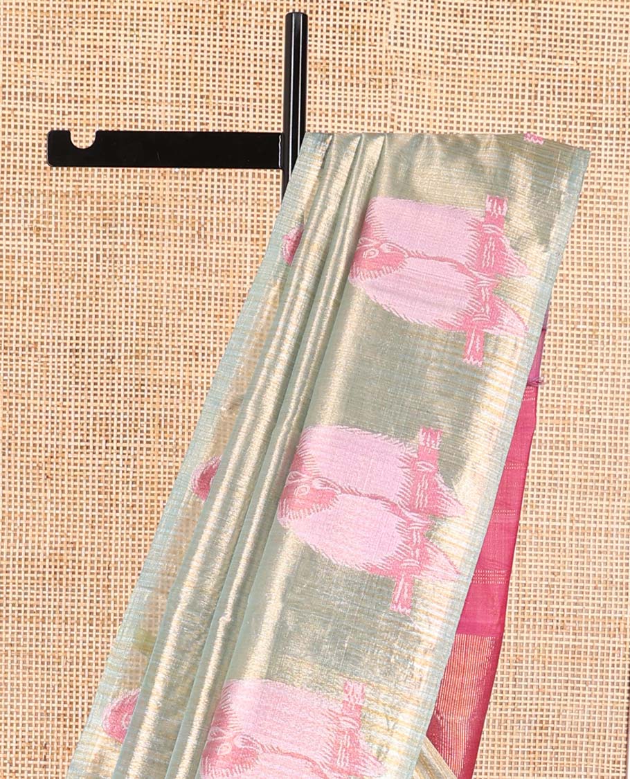 Light blue striped kanchipuram designer silk saree with self bird design border & zari design pallu