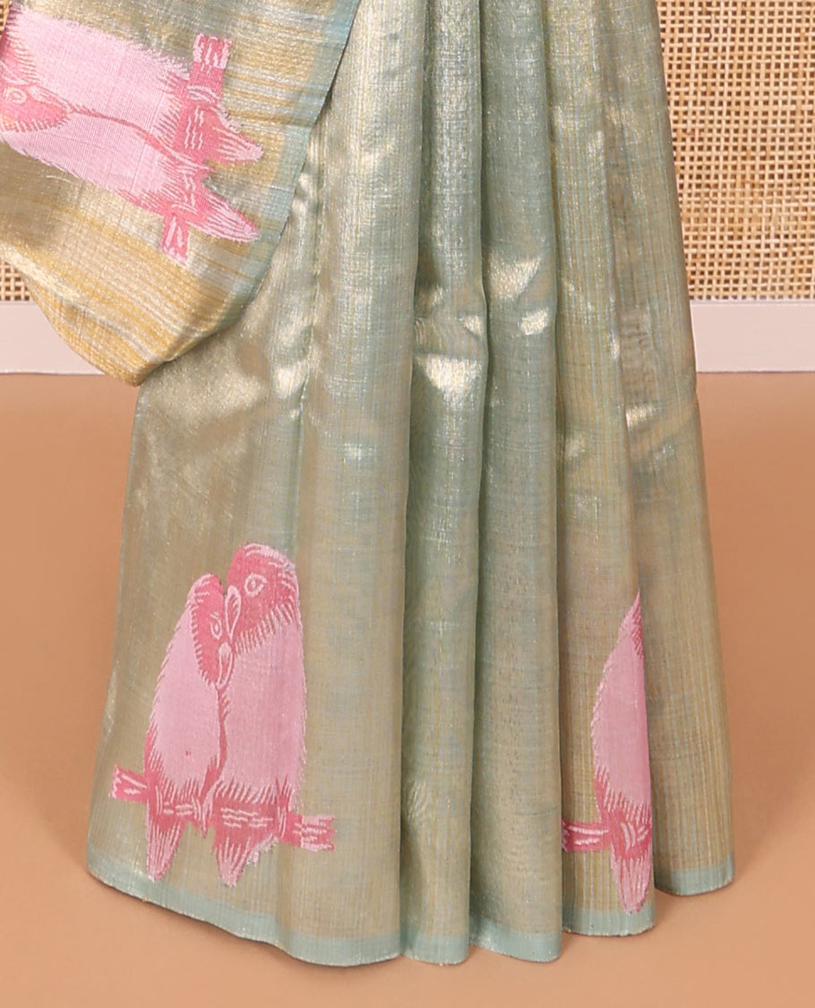 Light blue striped kanchipuram designer silk saree with self bird design border & zari design pallu