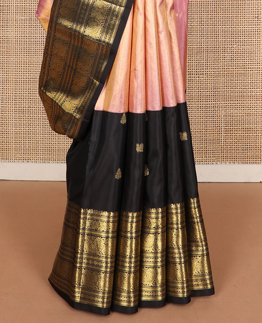Pink mayil & floral buttas silk saree, contrast zari border of muthu, banaras, kodi visiry & mayil designs & pallu of muthu & poun designs