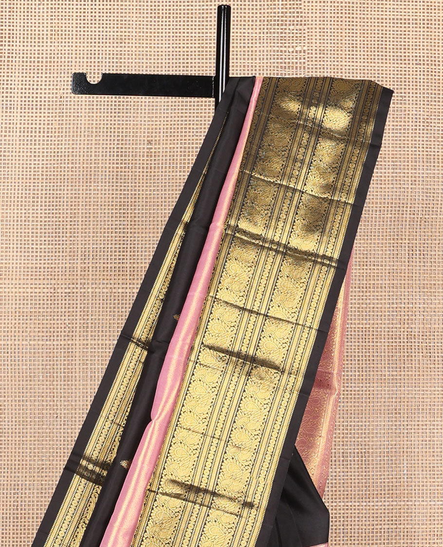 Pink mayil & floral buttas silk saree, contrast zari border of muthu, banaras, kodi visiry & mayil designs & pallu of muthu & poun designs