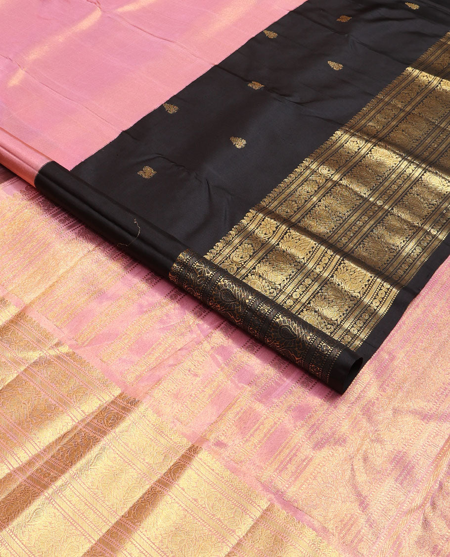 Pink mayil & floral buttas silk saree, contrast zari border of muthu, banaras, kodi visiry & mayil designs & pallu of muthu & poun designs