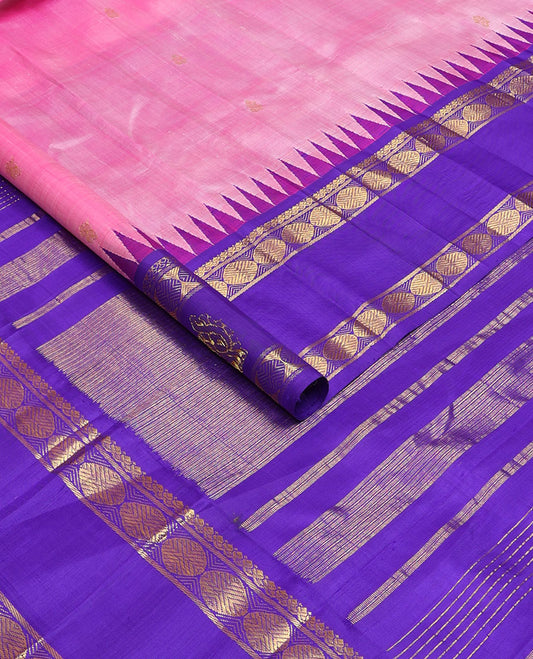 Pink zari buttas kanchipuram silksaree, contrast one-sided salngai, rudraksham & mayil border & zari design pallu