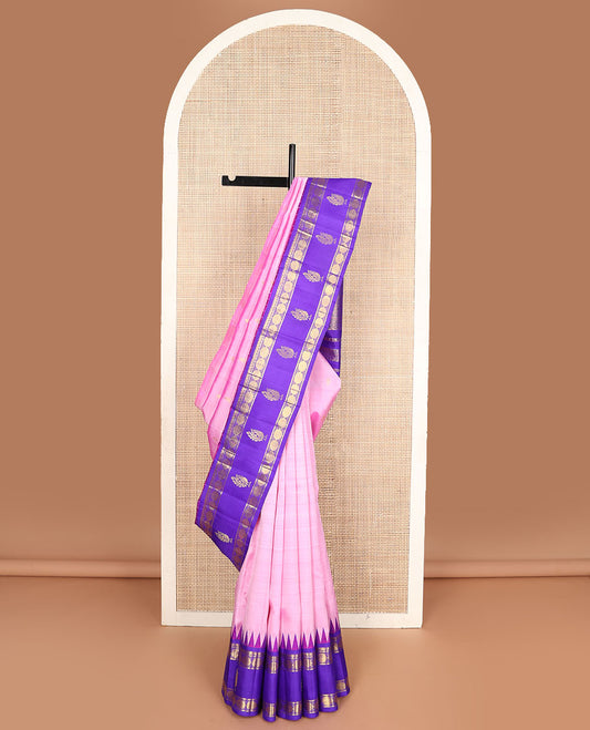 Pink zari buttas kanchipuram silksaree, contrast one-sided salngai, rudraksham & mayil border & zari design pallu