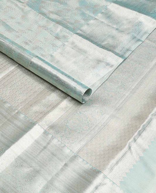 Blue jacquard tissue silk saree, intricate pallu & zari border of thilakam mokku,muthu,kathir, floral & then kuli kann