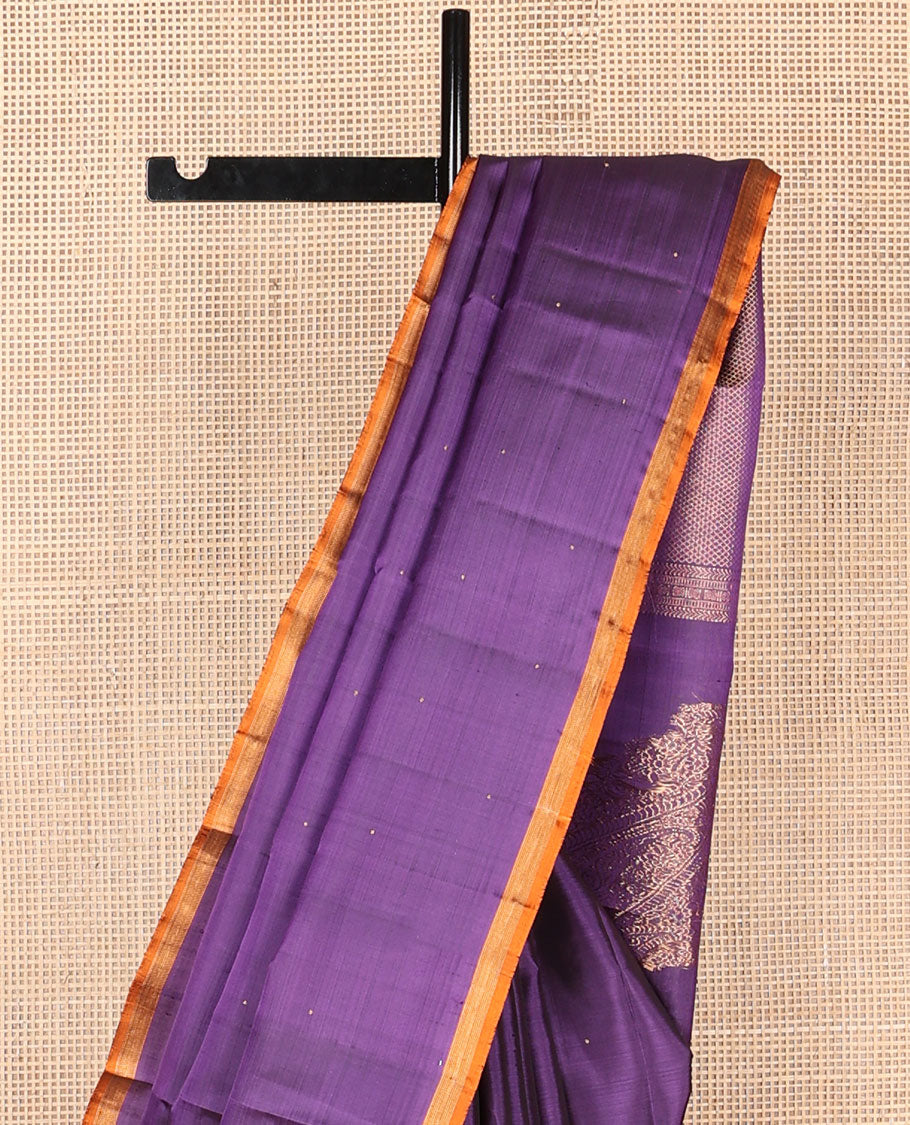 Borderless violet buttas Kanchipuram silk saree, self-pallu of kathir,muthu,rudraksham,mayil kann & corner manga