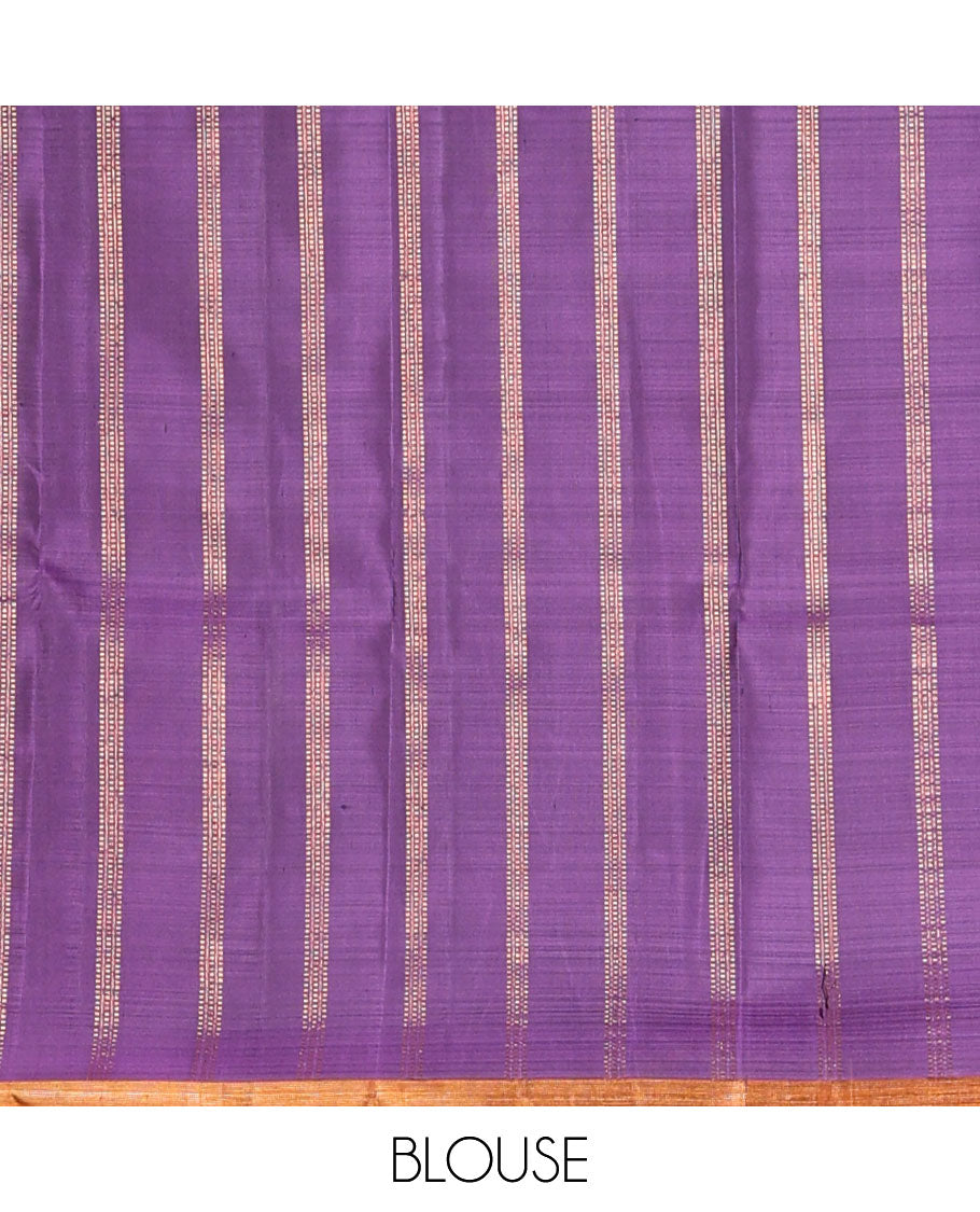 Borderless violet buttas Kanchipuram silk saree, self-pallu of kathir,muthu,rudraksham,mayil kann & corner manga