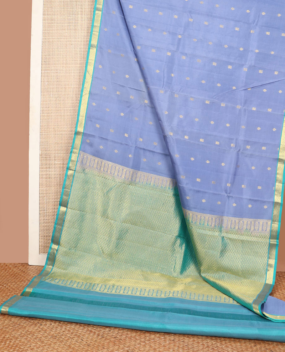 Blue zari buttas Kanchipuram silk saree, contrast border of rekku,muthu,banaras & jaal design & pallu of jaal designs