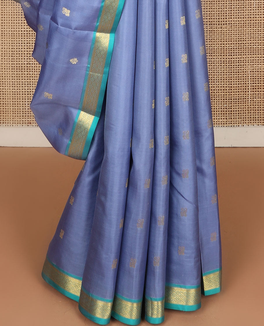 Blue zari buttas Kanchipuram silk saree, contrast border of rekku,muthu,banaras & jaal design & pallu of jaal designs