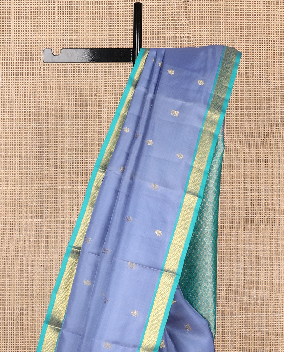 Blue zari buttas Kanchipuram silk saree, contrast border of rekku,muthu,banaras & jaal design & pallu of jaal designs