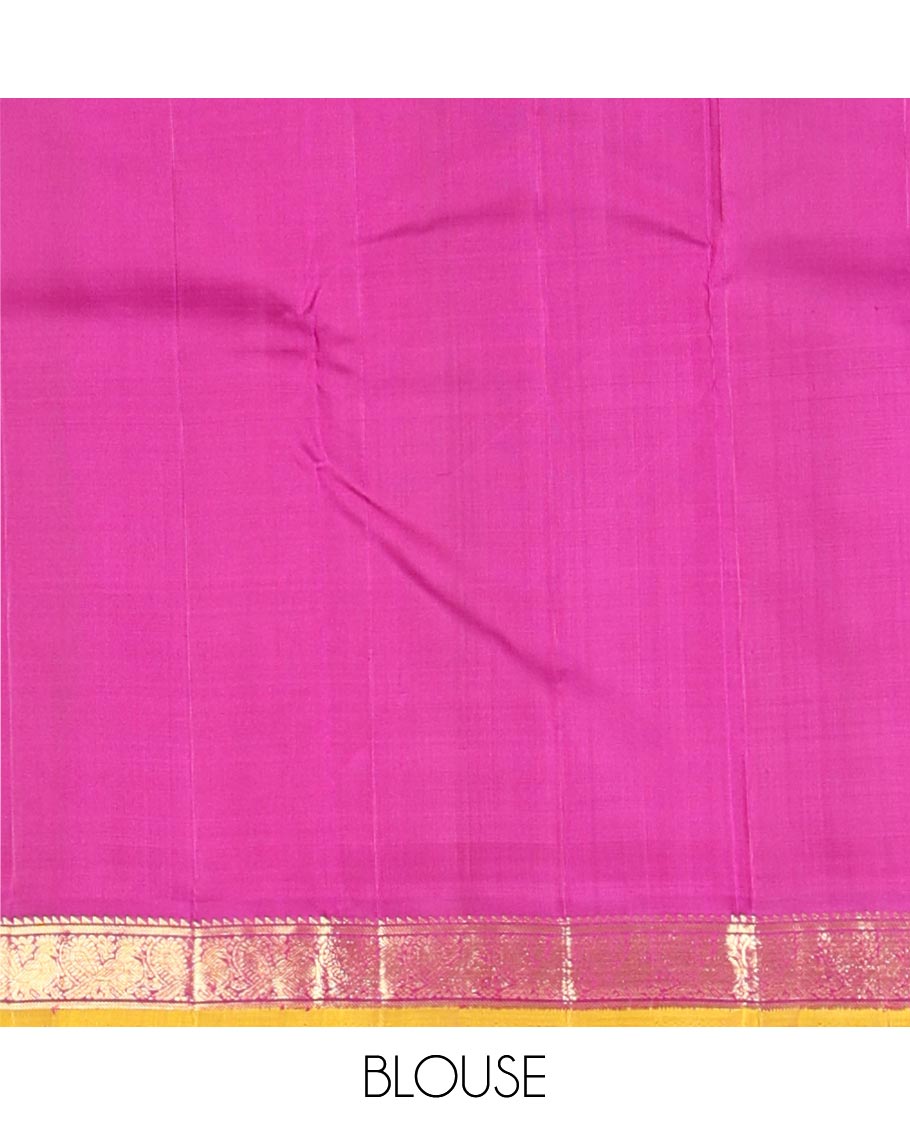Rani pink malli mokku buttas silk saree, contrast border of ara bogudi,banaras & mayil designs & pallu of ara bogudi,banaras,vanki & mayil