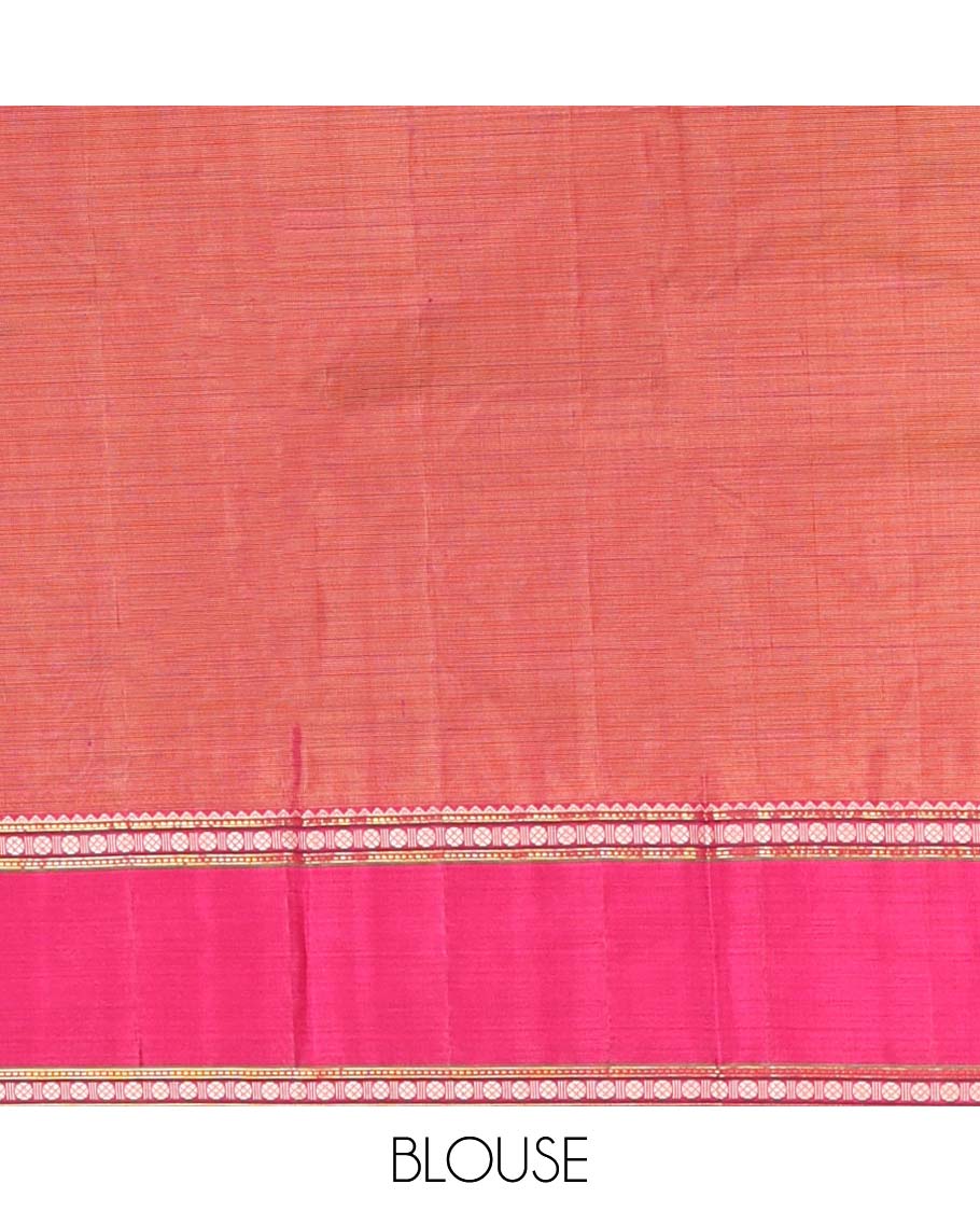 Yellow plain Kanchipuram silk saree, contrast border of rekku, muthu, rudraksham, and mayil designs, and zari striped pallu