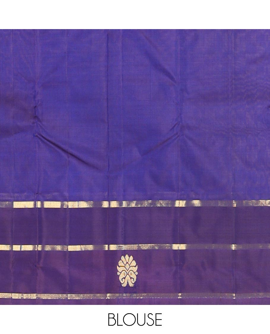 Violet zar buttas Kanchipuram silk saree, contrast rettai pettu zari design border, and zari design pallu