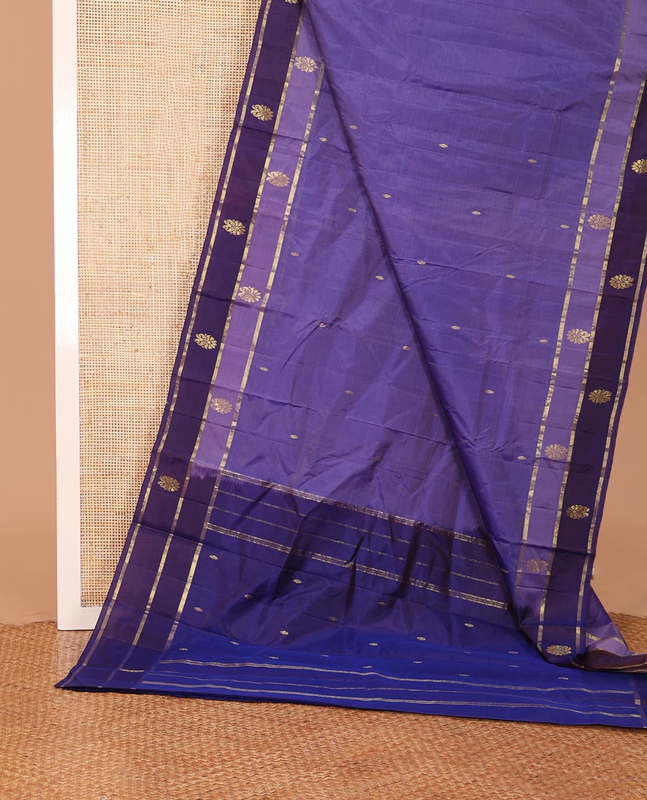 Violet zar buttas Kanchipuram silk saree, contrast rettai pettu zari design border, and zari design pallu