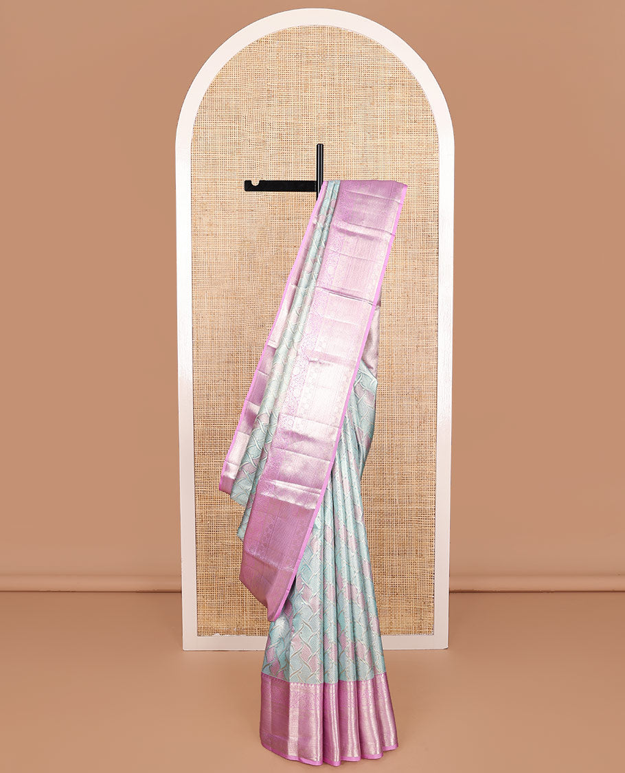 Blue Kanchipuram Tissue Silk Saree, Finely Crafted with Jacquard Design on Its Body, Complemented by a Contrast Border of Traditional Designs, Grand Jaal Decked Up Pallu, and Paired with a Contrast Blouse