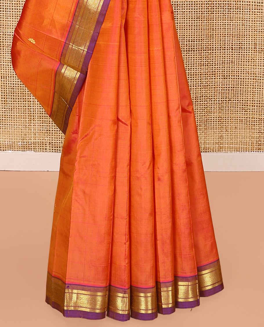 Orange Kanchipuram Silk Saree, Crafted with Zari Buttas All Over Its Body, Complemented by a Contrast One-Sided Border of Banaras, and Mayil Kann Designs, Pallu of Zari Designs, and Comes Without a Blouse