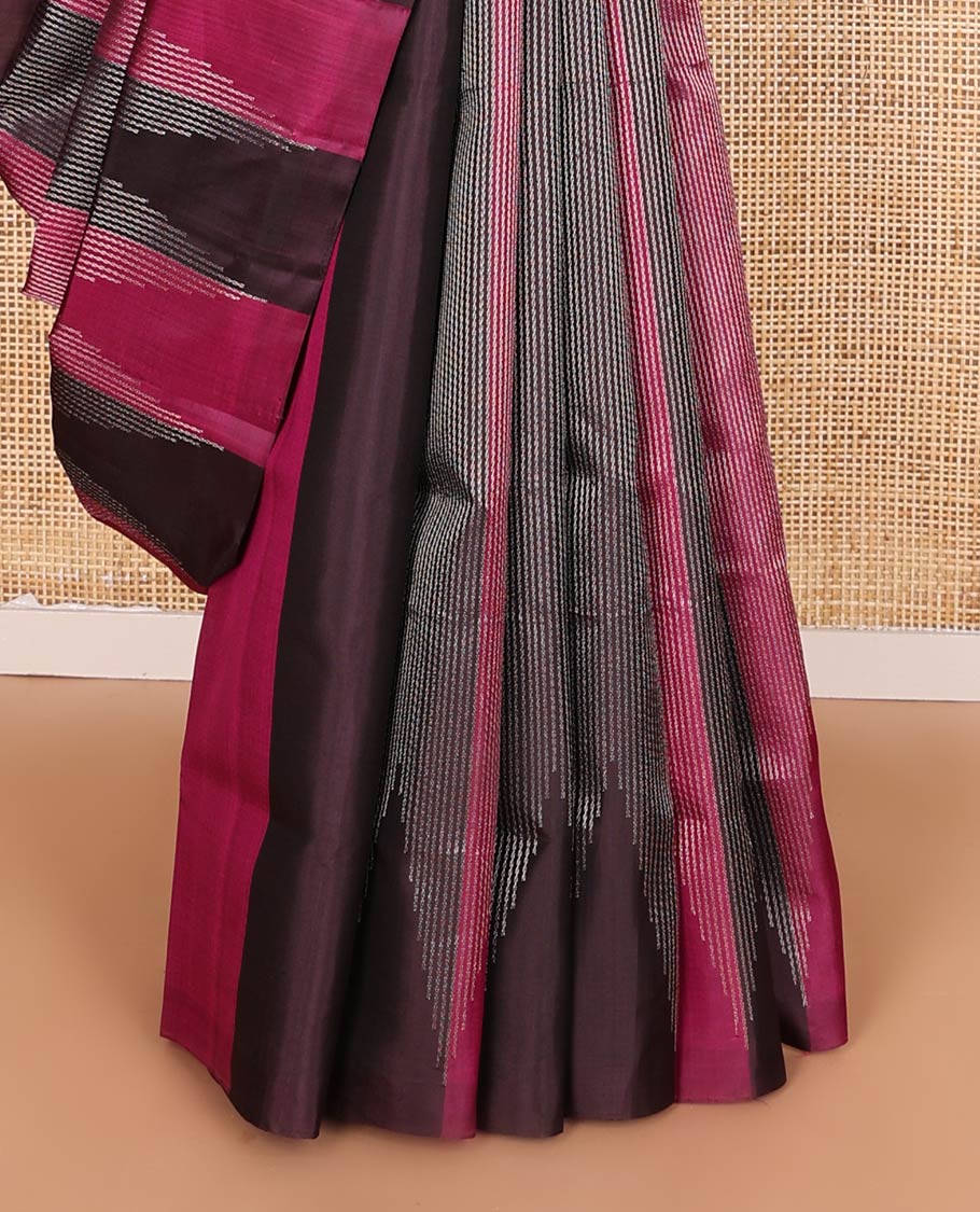 Borderless brown and pink stripes and temple design soft silk saree, pallu of seppu rekku design
