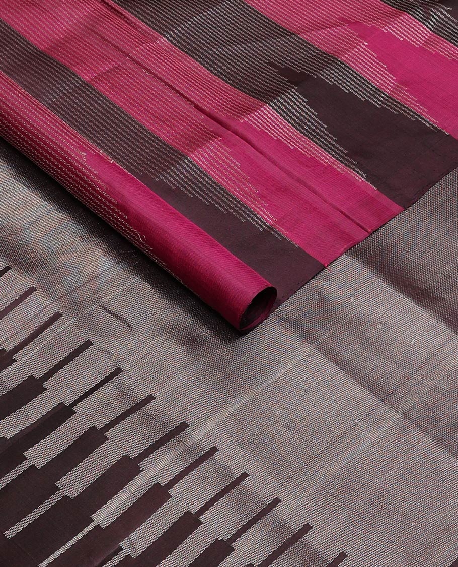 Borderless brown and pink stripes and temple design soft silk saree, pallu of seppu rekku design