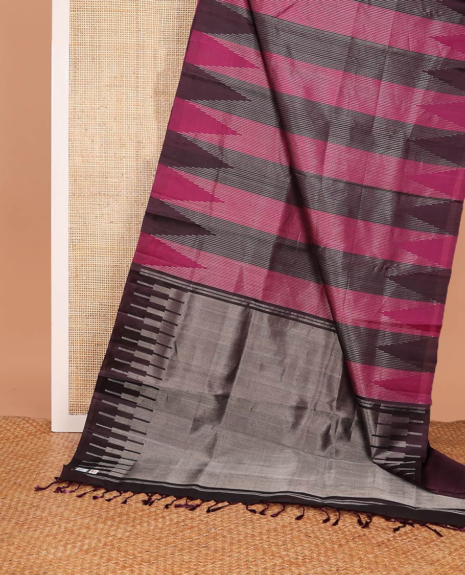 Borderless brown and pink stripes and temple design soft silk saree, pallu of seppu rekku design