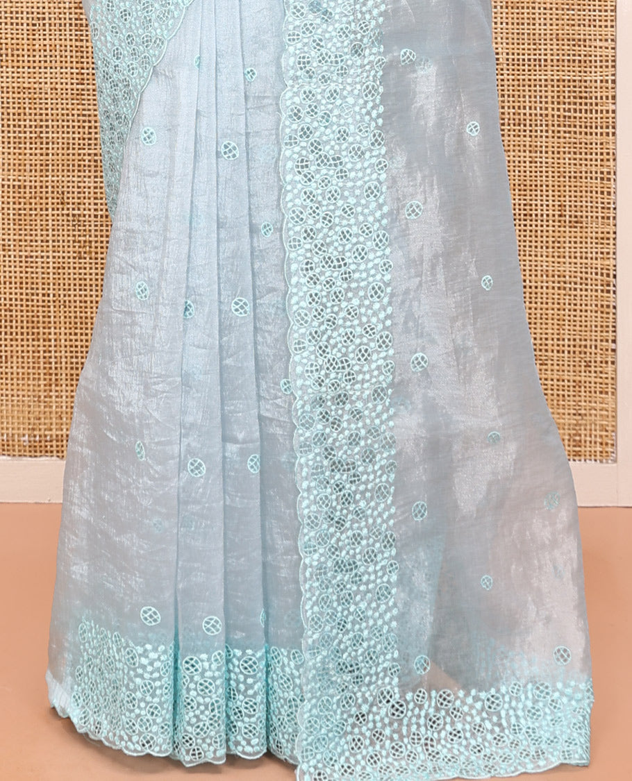 Pale Blue Organza Saree, Subtly Sparkled with Hakoba-Style Cutwork Embroidery, Scallop Cutwork Border, and a Matching Blouse