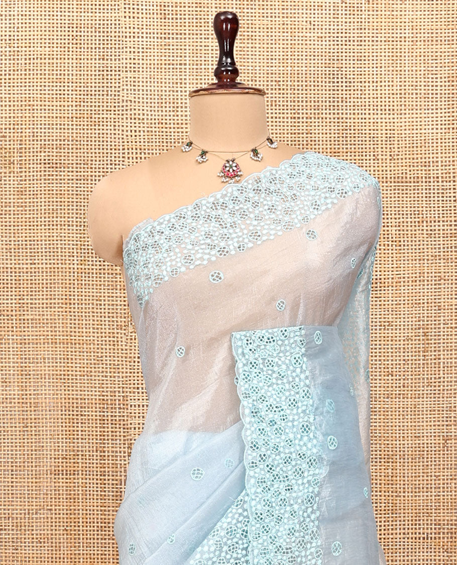 Pale Blue Organza Saree, Subtly Sparkled with Hakoba-Style Cutwork Embroidery, Scallop Cutwork Border, and a Matching Blouse