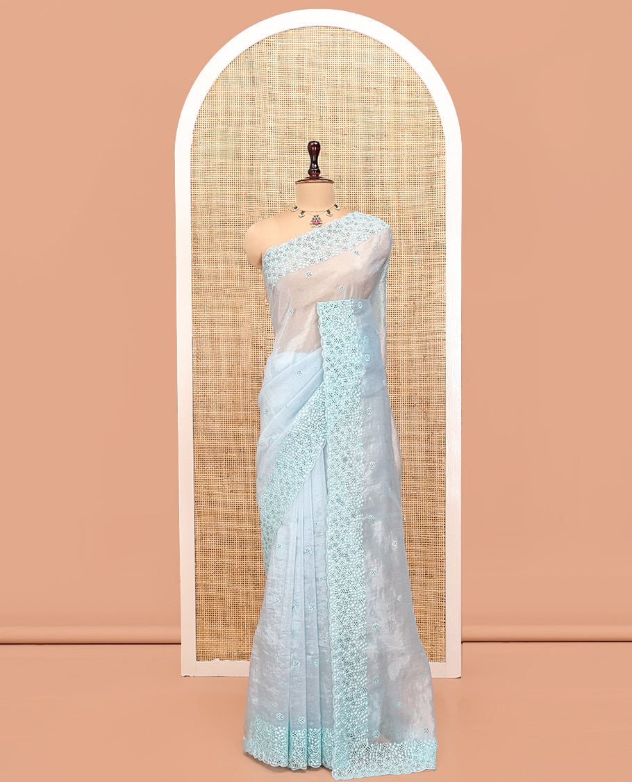Pale Blue Organza Saree, Subtly Sparkled with Hakoba-Style Cutwork Embroidery, Scallop Cutwork Border, and a Matching Blouse