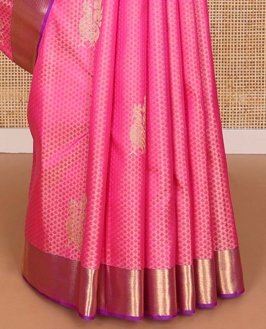 Light pink floral, animal design silk saree with contrast banaras design border & geometric design pallu