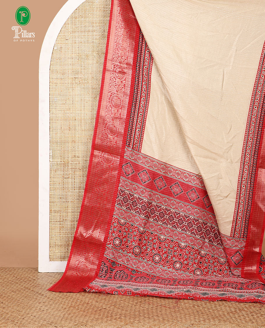 Cream vertical zari striped dola silksaree,contrast red traditional zari border & intricately Ajrakh-style printed pallu