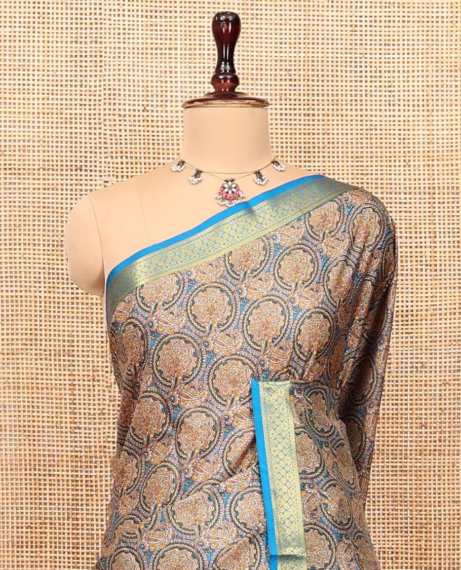 Blue Printed Silk Saree, Accentuated with Floral Jaal Prints, Highlighted by a Traditional Zari Border, Printed Pallu, and a Matching Blouse
