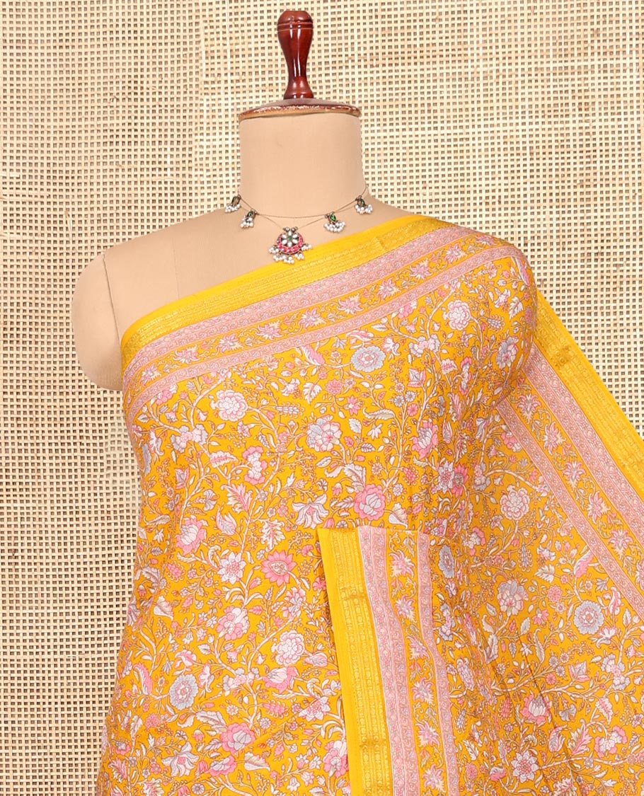 Yellow Printed Silk Saree, Adorned with Floral Vine Print, a Traditional Zari Border, Floral Pallu, and a Matching Blouse