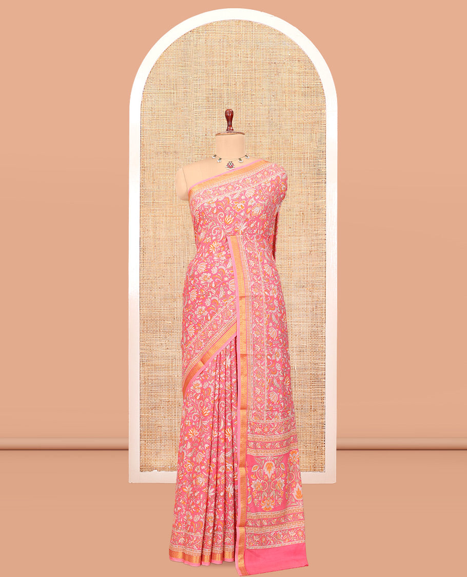 Pink Printed Silk Saree, Decorated with Floral Print, a Zari Border, Floral Printed Pallu, and a Matching Blouse