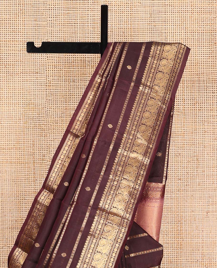 Brown zari design silk saree, zari border of thilakam mokku, banaras, poun, and mayil designs, and zari striped pallu