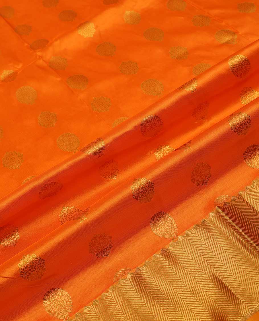 Orange pure silk half saree, zari buttas skirt, zari border of thilakam, and vanki designs, matching blouse, and paiyaadi kattam dhavani